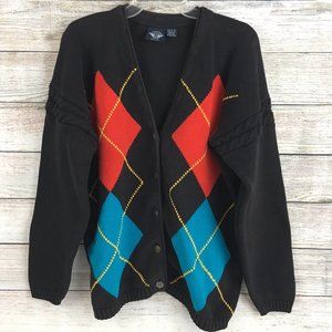 VTG Docker Cardigan Sweater 90s Grandpa Diamond Argyle Chunky Oversized